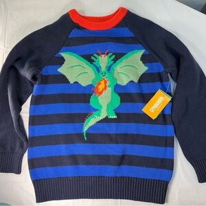 Gymboree Blue striped 100% cotton sweater with green dragon, kids 6 NWT